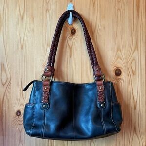 Vintage Y2K Fossil Black Brown Braided Trim Handles Leather Shoulder Bag Handbag